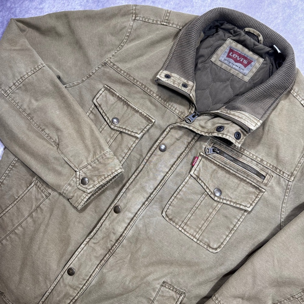 Levis Mens Field Jacket Olive Green Cotton Quilted Lined Military Coat Large